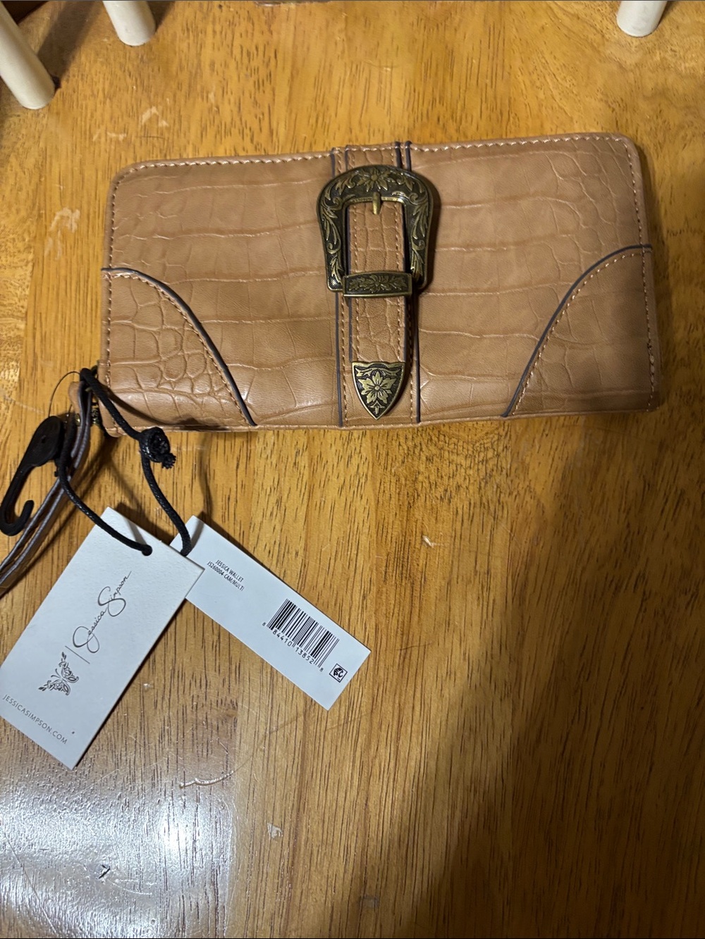 Jessica Simpson Tan Faux-Croc Wallet with Decorative Buckle